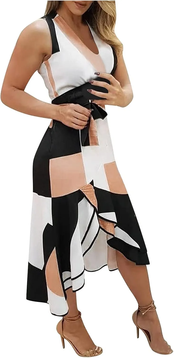 Womans Dress A-line Summer Floral Casual Wrap V Neck Ruffle Women Sleeveless Midi Sun Dress Pleated Hem Swing