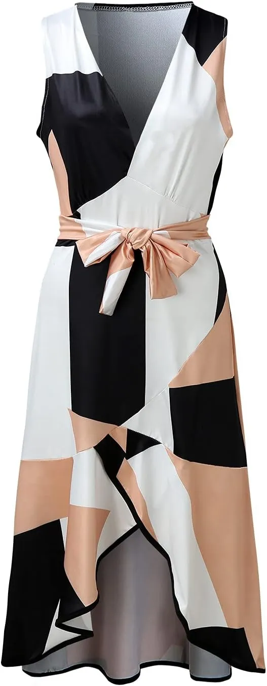 Womans Dress A-line Summer Floral Casual Wrap V Neck Ruffle Women Sleeveless Midi Sun Dress Pleated Hem Swing