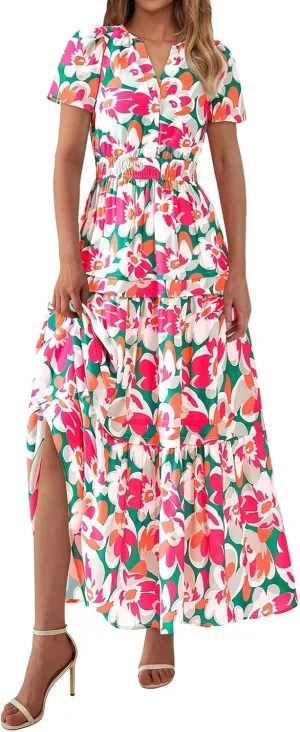 Women 2025 Summer Boho Maxi Dresses Floral Short Sleeve V Neck Swing Flowy Slit Beach Long Vacation Dress