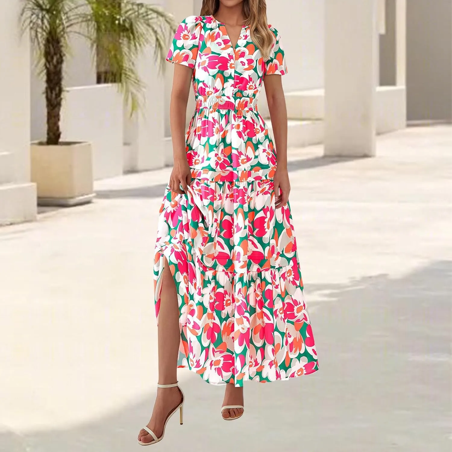 Women 2025 Summer Boho Maxi Dresses Floral Short Sleeve V Neck Swing Flowy Slit Beach Long Vacation Dress