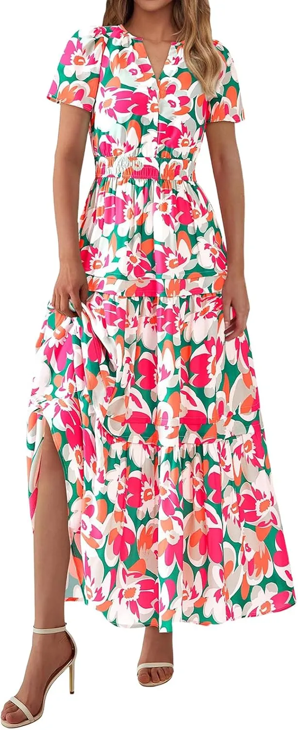 Women 2025 Summer Boho Maxi Dresses Floral Short Sleeve V Neck Swing Flowy Slit Beach Long Vacation Dress