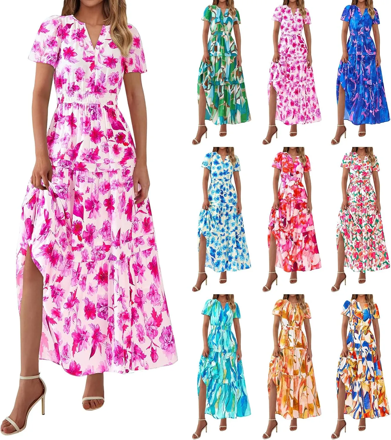 Women 2025 Summer Boho Maxi Dresses Floral Short Sleeve V Neck Swing Flowy Slit Beach Long Vacation Dress