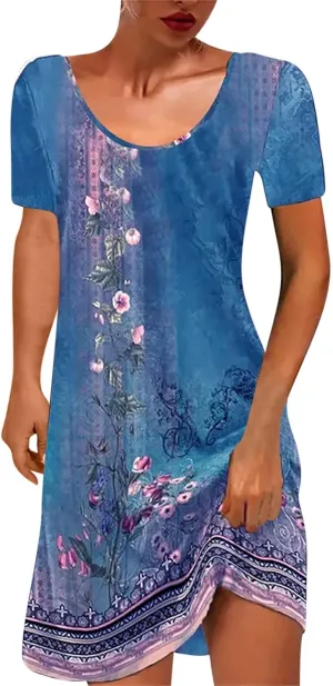 Women Boho Floral Print Summer Dress V Neck Casual Dresses Cute Beach Vacation Dress 2024 Trendy Dressy Clothing