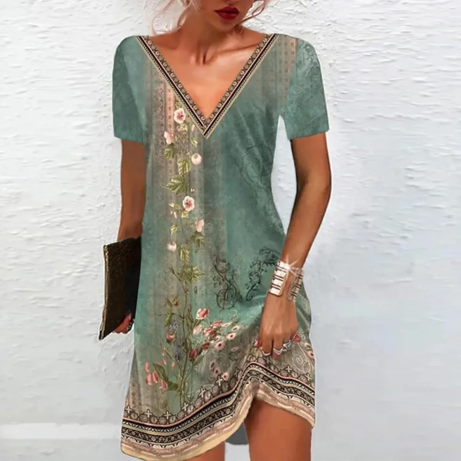 Women Boho Floral Print Summer Dress V Neck Casual Dresses Cute Beach Vacation Dress 2024 Trendy Dressy Clothing