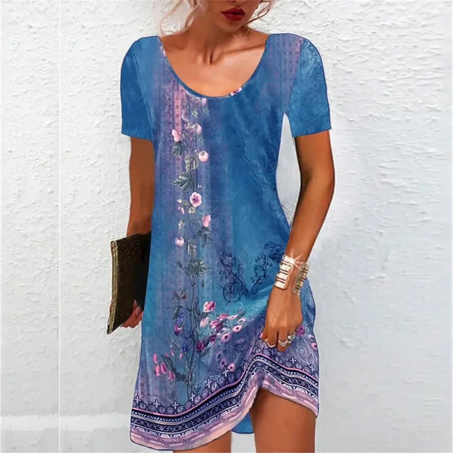 Women Boho Floral Print Summer Dress V Neck Casual Dresses Cute Beach Vacation Dress 2024 Trendy Dressy Clothing