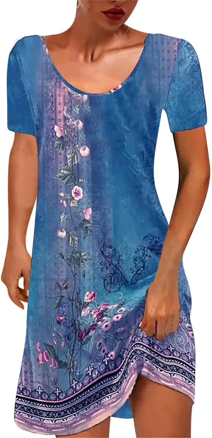 Women Boho Floral Print Summer Dress V Neck Casual Dresses Cute Beach Vacation Dress 2024 Trendy Dressy Clothing