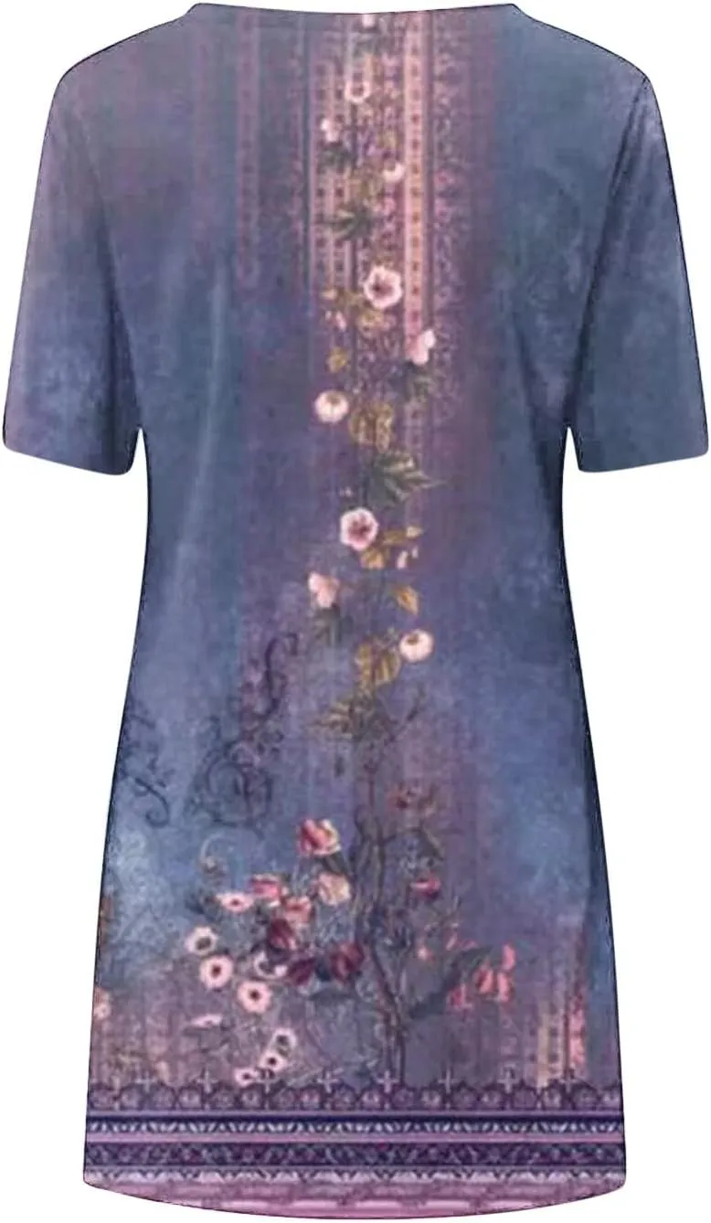 Women Boho Floral Print Summer Dress V Neck Casual Dresses Cute Beach Vacation Dress 2024 Trendy Dressy Clothing