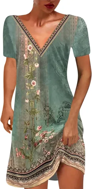 Women Boho Floral Print Summer Dress V Neck Casual Dresses Cute Beach Vacation Dress 2024 Trendy Dressy Clothing
