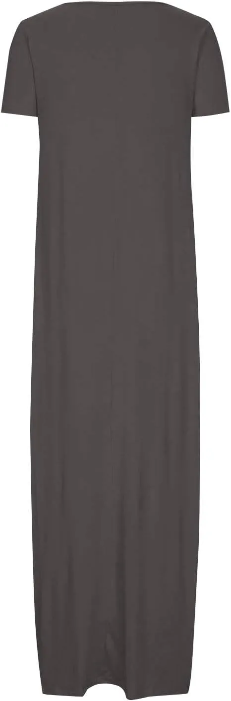Women Boho Summer Maxi Dress 2025 Short Sleeve Casual Long Dresses Plain Crew Neck Beach Vacation A Line Sundress