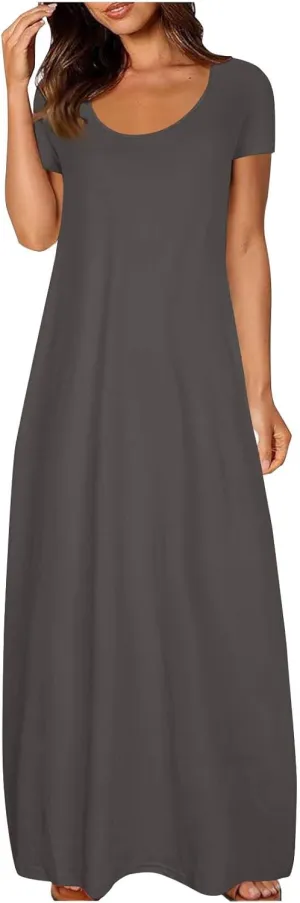 Women Boho Summer Maxi Dress 2025 Short Sleeve Casual Long Dresses Plain Crew Neck Beach Vacation A Line Sundress
