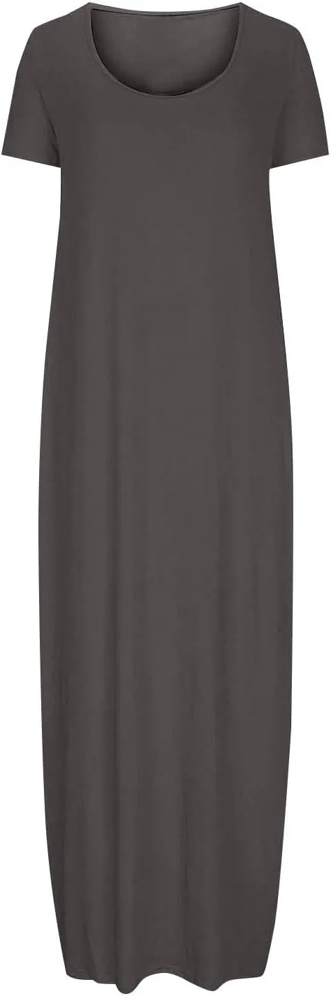 Women Boho Summer Maxi Dress 2025 Short Sleeve Casual Long Dresses Plain Crew Neck Beach Vacation A Line Sundress