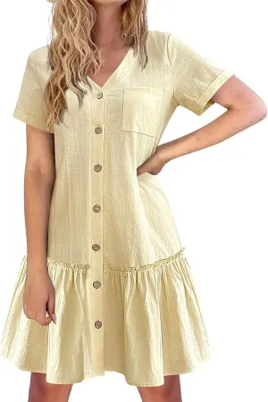 Women Button Down Shirt Dress Cotton Linen Short Sleeve V Neck Ruffle Dress Summer Casual Mini Dresses with Pockets