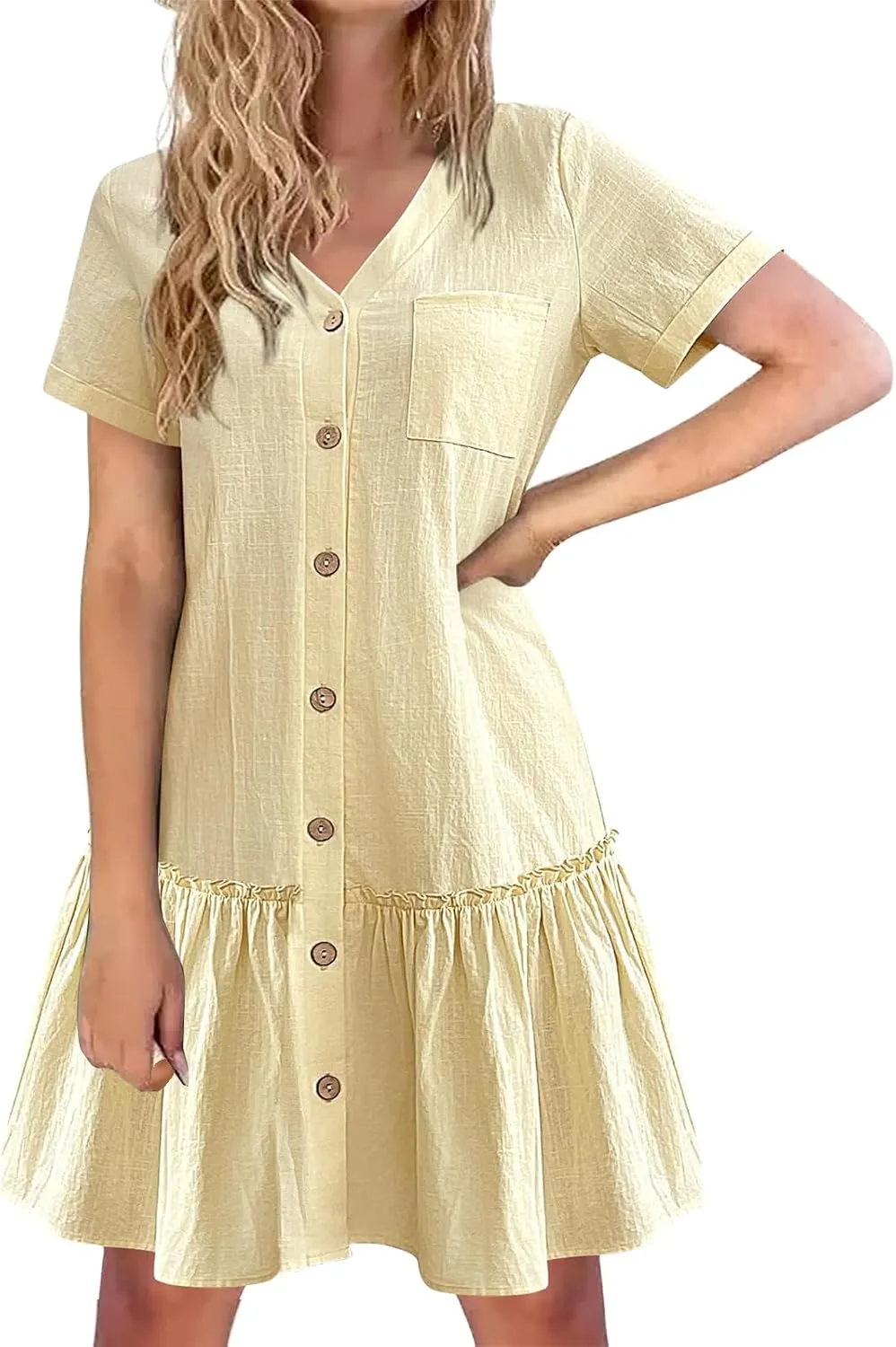 Women Button Down Shirt Dress Cotton Linen Short Sleeve V Neck Ruffle Dress Summer Casual Mini Dresses with Pockets