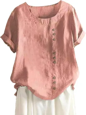 Women Button Up Shirts Cotton Linen Roll up Sleeve V Neck Soft Shirts Casual Loose Fit Work Blouse Tunic Top