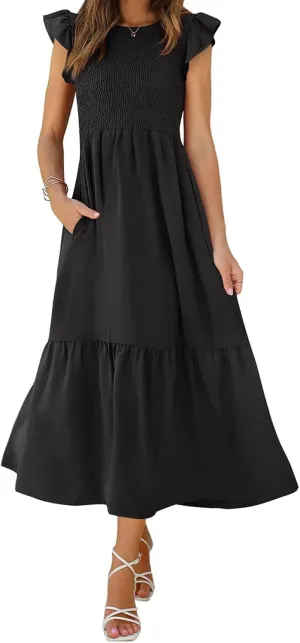 Women Casual Maxi Dress Crew Neck Ruffle Sleeve Smocked Dress Summer Dressy Elegant Flowy Solid Long Dresses with Pocket
