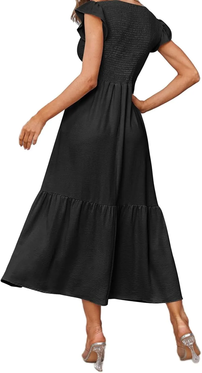 Women Casual Maxi Dress Crew Neck Ruffle Sleeve Smocked Dress Summer Dressy Elegant Flowy Solid Long Dresses with Pocket