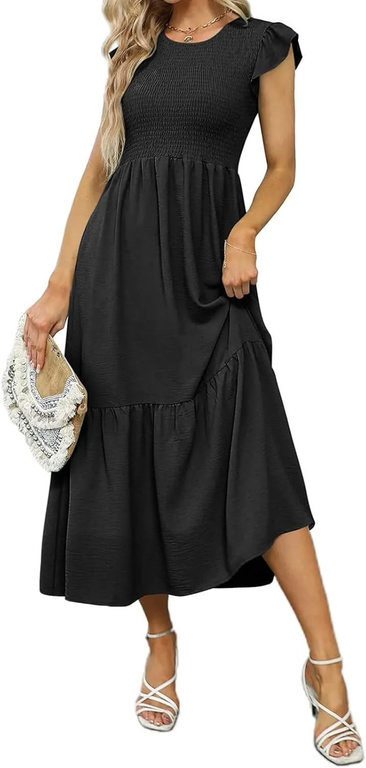 Women Casual Maxi Dress Crew Neck Ruffle Sleeve Smocked Dress Summer Dressy Elegant Flowy Solid Long Dresses with Pocket