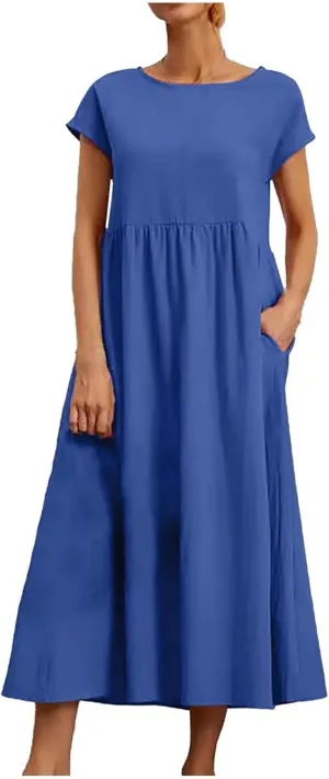 Women Cotton Linen Flowy Dresses with Pockets Casual Short Sleeve A-Line Maxi Dress Beach Vacation Tunic Sundress