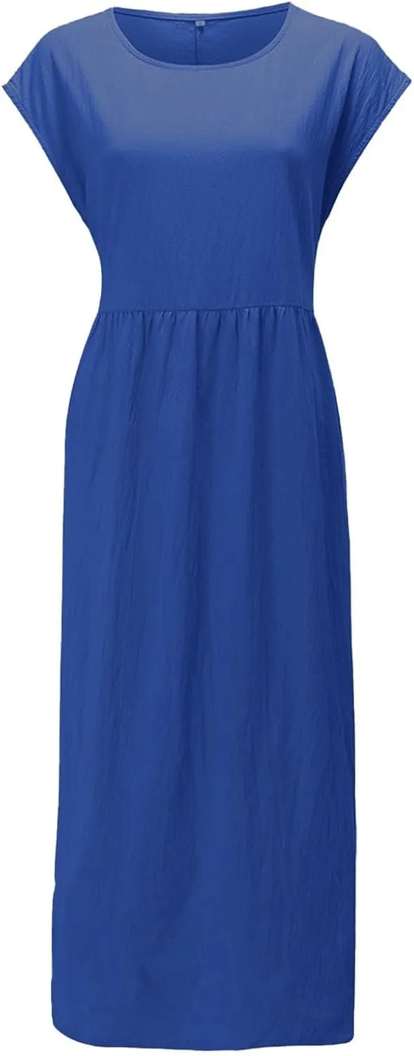 Women Cotton Linen Flowy Dresses with Pockets Casual Short Sleeve A-Line Maxi Dress Beach Vacation Tunic Sundress