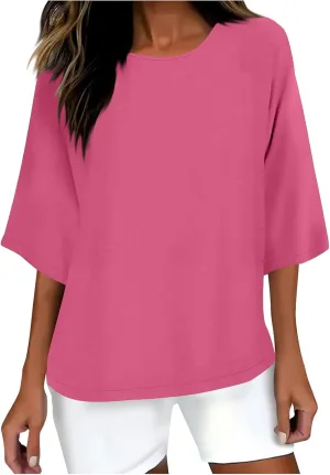 Women Cotton Linen Shirts 3/4 Sleeve Crew Neck Tshirt Casual Plus Size Solid Color Tops Summer Holiday Clothes