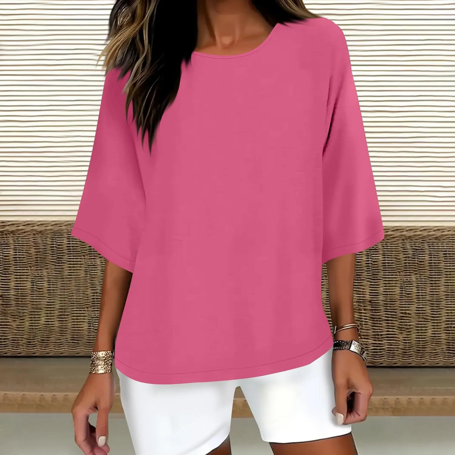 Women Cotton Linen Shirts 3/4 Sleeve Crew Neck Tshirt Casual Plus Size Solid Color Tops Summer Holiday Clothes