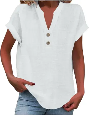 Women Cotton Linen Summer Tops Short Sleeve Loose Fit Blouses V Neck Dressy Casual Tunic Boho Resort Wear Clothing