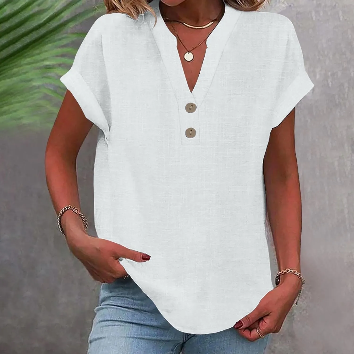 Women Cotton Linen Summer Tops Short Sleeve Loose Fit Blouses V Neck Dressy Casual Tunic Boho Resort Wear Clothing