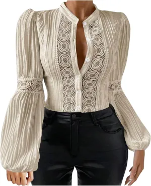 Women Cut Out Lace Patchwork Button Blouse Vintage Stand Collar Embroidered Pleated Lantern Long Sleeve Shirt Tunic Top