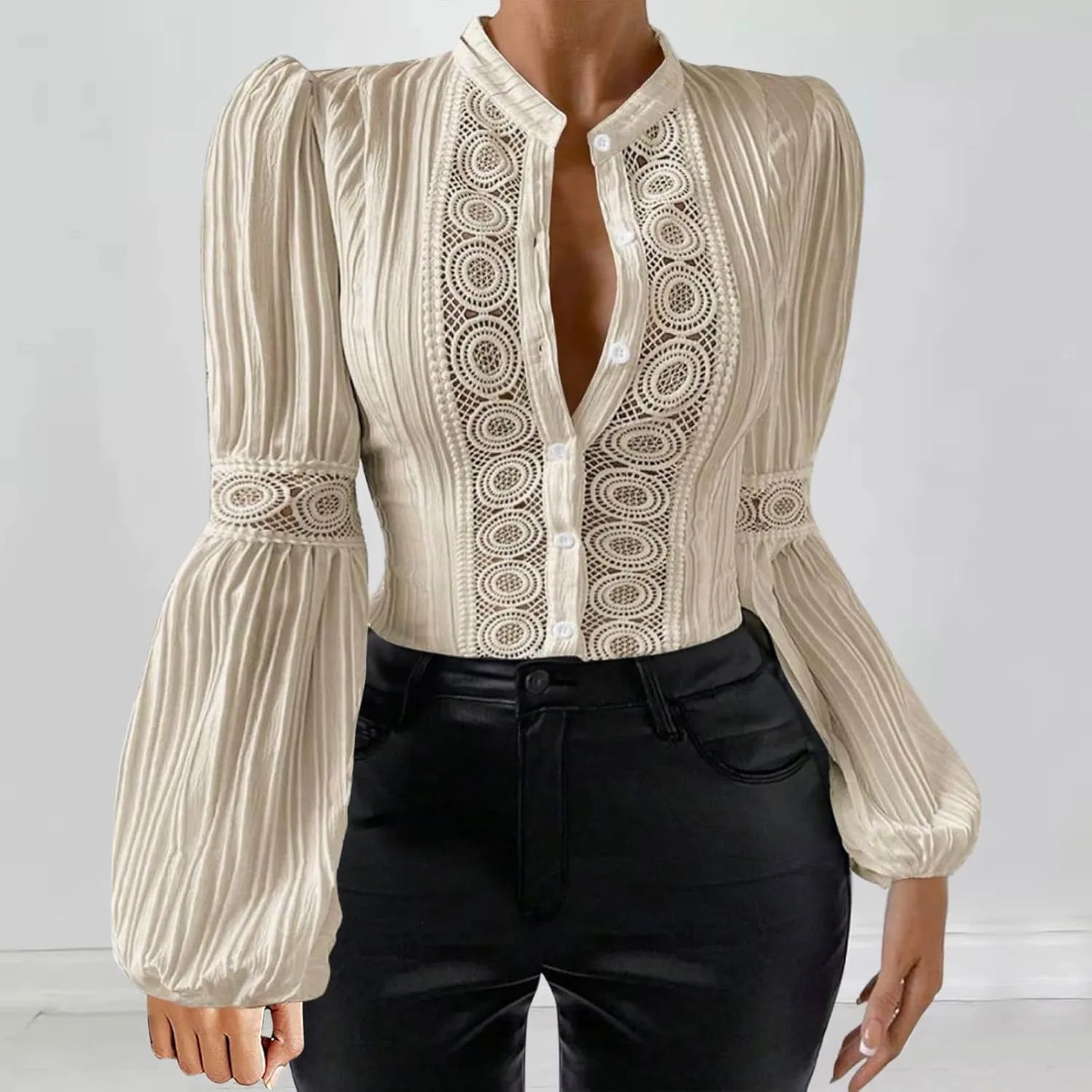 Women Cut Out Lace Patchwork Button Blouse Vintage Stand Collar Embroidered Pleated Lantern Long Sleeve Shirt Tunic Top