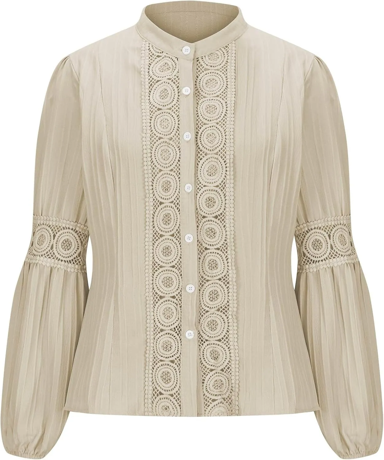 Women Cut Out Lace Patchwork Button Blouse Vintage Stand Collar Embroidered Pleated Lantern Long Sleeve Shirt Tunic Top