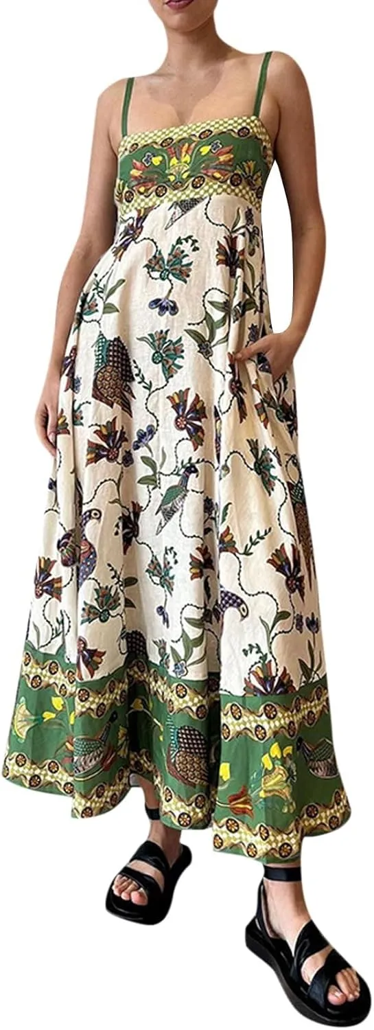 Women Cute Print Maxi Cami Dress Loose Sleeveless Spaghetti Strap Boho Dress Flowy Graffiti Long Aline Sun Dress