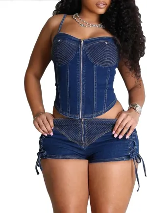 Women Denim 2 Piece Sets Sexy Spaghetti Straps Zippers Tube Top Vest Low Rise Lace Up Denim Shorts Outfits Sets