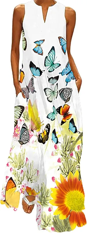 Women Foral Boho Causal Dress Summer Vacation Sun Dresses Sleeveless Flowy Dress Sundress 2024 Rendy Boho Clothing