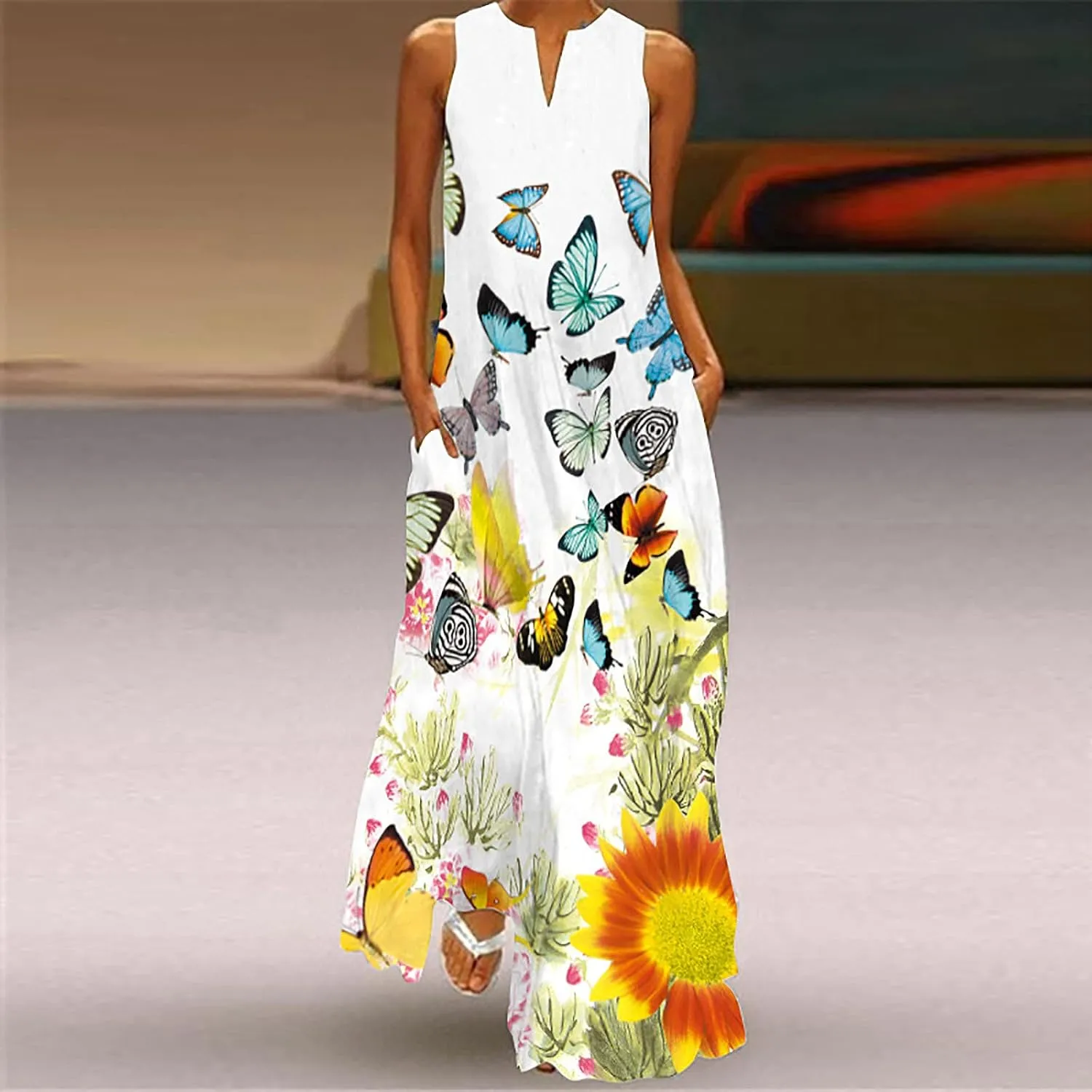 Women Foral Boho Causal Dress Summer Vacation Sun Dresses Sleeveless Flowy Dress Sundress 2024 Rendy Boho Clothing