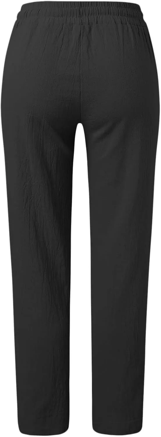 Women Linen Pants Casual Straight Leg Work Pants Drawstring Waist Long Pants Comfy Work Trousers Summer Jogger Pants