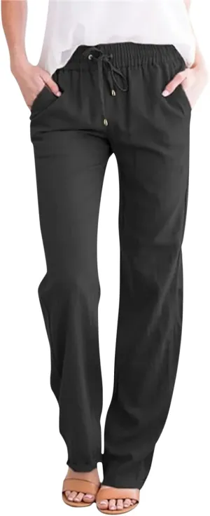 Women Linen Pants Casual Straight Leg Work Pants Drawstring Waist Long Pants Comfy Work Trousers Summer Jogger Pants