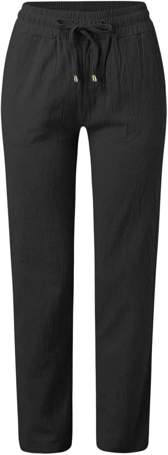 Women Linen Pants Casual Straight Leg Work Pants Drawstring Waist Long Pants Comfy Work Trousers Summer Jogger Pants