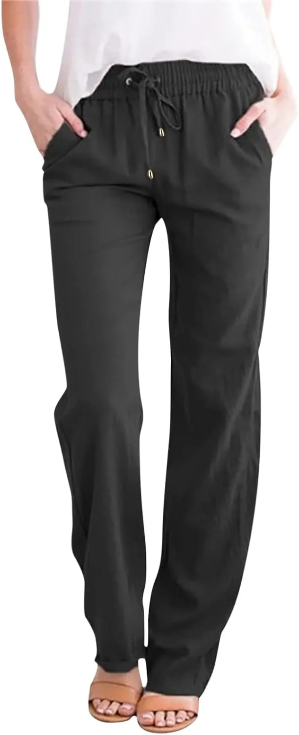 Women Linen Pants Casual Straight Leg Work Pants Drawstring Waist Long Pants Comfy Work Trousers Summer Jogger Pants