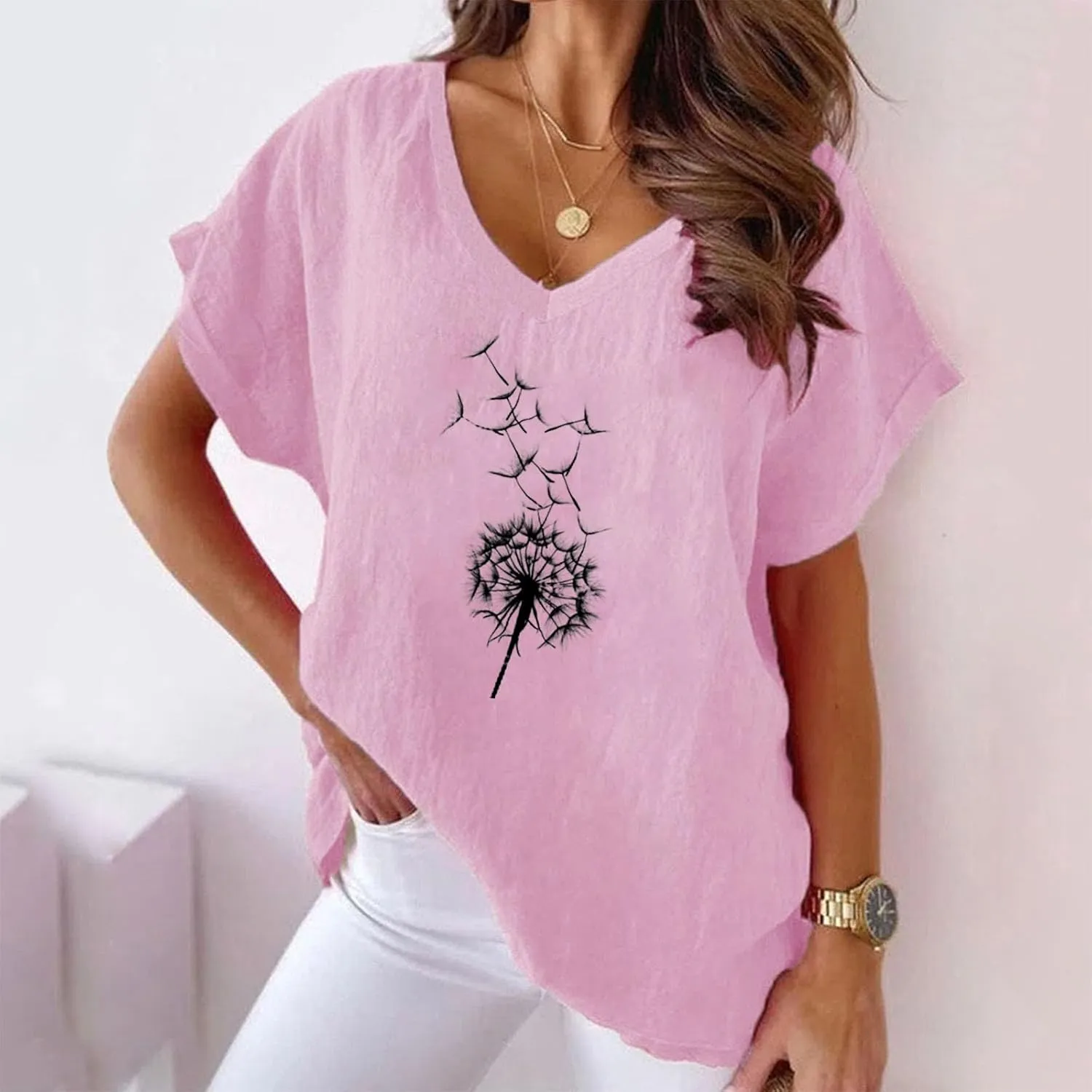 Women Linen Shirts Plus Size Short Sleeve V Neck Floral Blouse Tops Dressy Casual Comfy Summer Oversized Tshirts