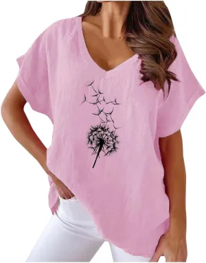 Women Linen Shirts Plus Size Short Sleeve V Neck Floral Blouse Tops Dressy Casual Comfy Summer Oversized Tshirts
