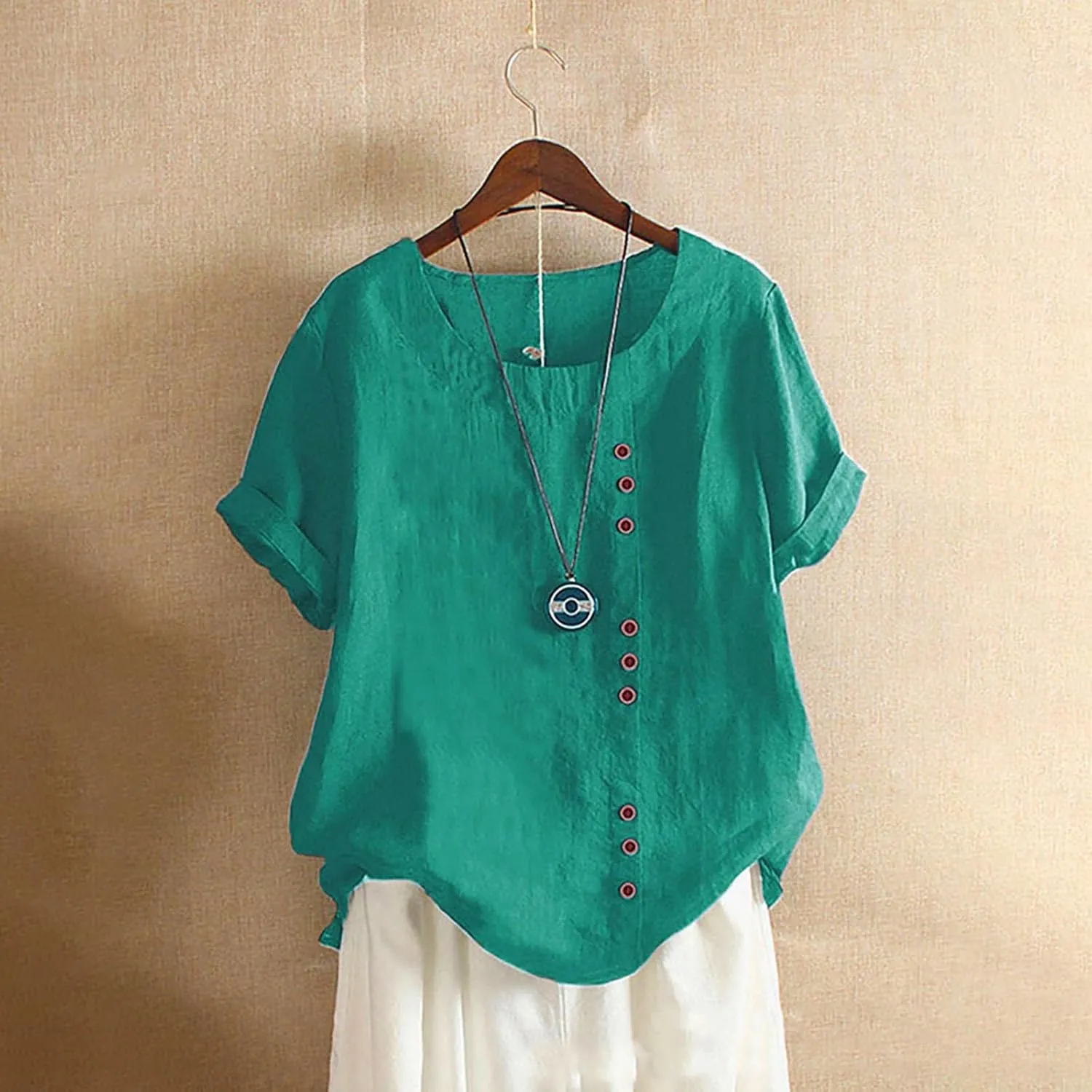 Women Linen Shirts V Neck Button Down Blouse Boho Oversized Tshirt Short Sleeve Loose Fit Tunic Top
