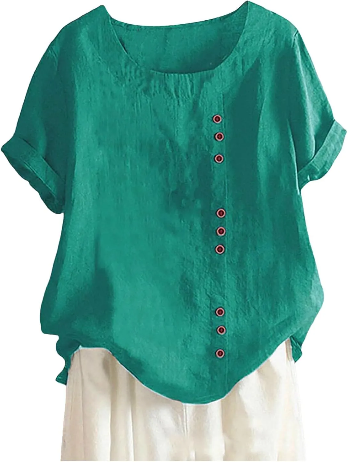 Women Linen Shirts V Neck Button Down Blouse Boho Oversized Tshirt Short Sleeve Loose Fit Tunic Top