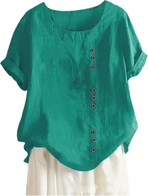 Women Linen Shirts V Neck Button Down Blouse Boho Oversized Tshirt Short Sleeve Loose Fit Tunic Top