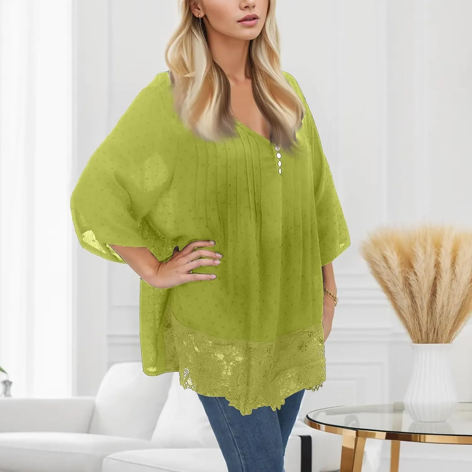 Women Linen Shirts V-Neck Buttons Blouses Floral Comfy Tee Tops Long Sleeve Loose Tunic Tops
