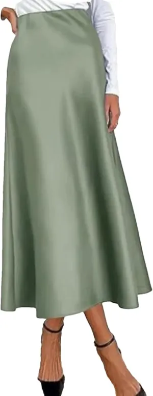 Women Long Satin Skirt Silk Elegant High Waist Cocktail Party Wedding Flared A Tennis Skirts
