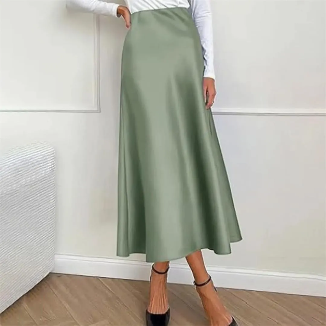 Women Long Satin Skirt Silk Elegant High Waist Cocktail Party Wedding Flared A Tennis Skirts