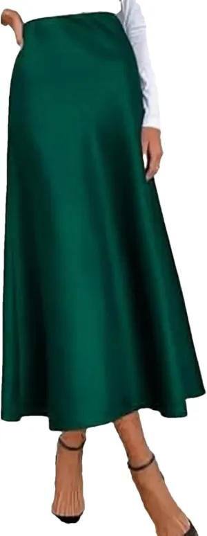 Women Long Satin Skirt Silk Elegant High Waist Cocktail Party Wedding Flared A Tennis Skirts