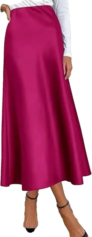 Women Long Satin Skirt Silk Elegant High Waist Cocktail Party Wedding Flared A Tennis Skirts