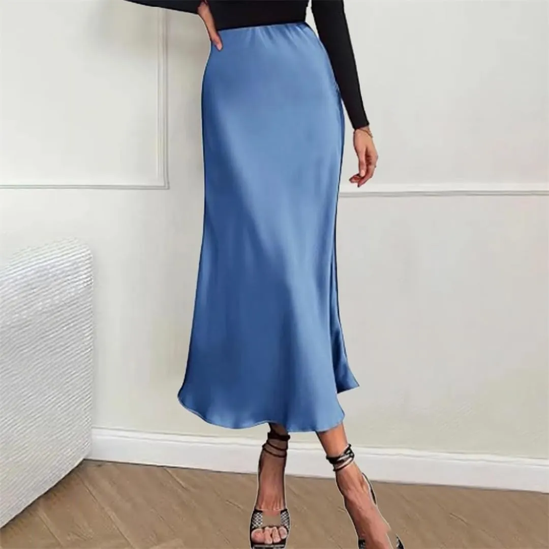 Women Long Satin Skirt Silk Elegant High Waist Cocktail Party Wedding Flared A Tennis Skirts