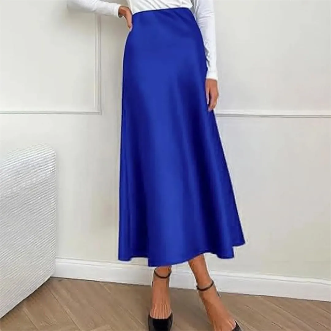 Women Long Satin Skirt Silk Elegant High Waist Cocktail Party Wedding Flared A Tennis Skirts